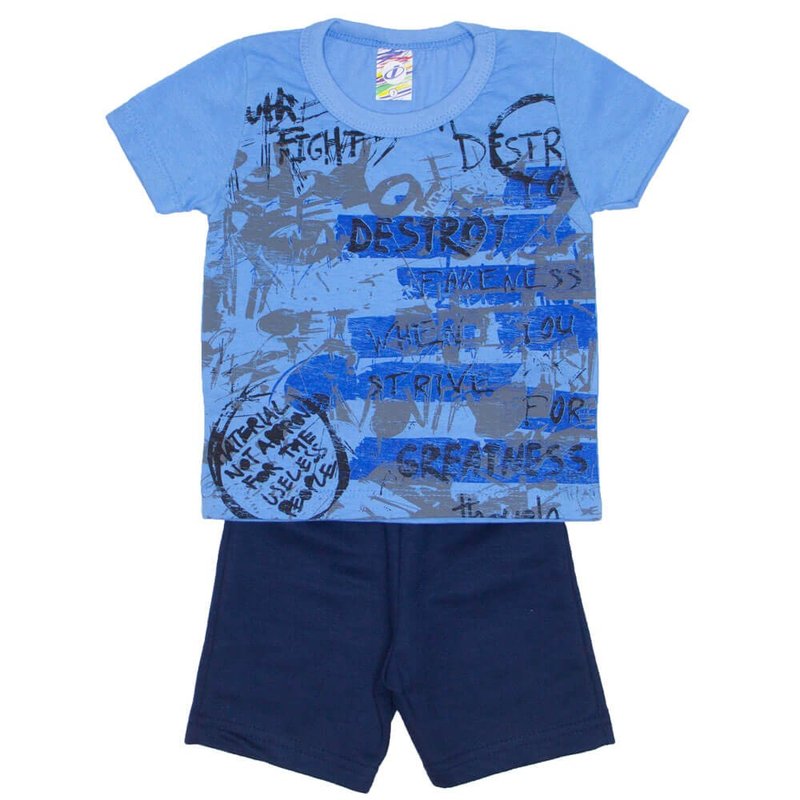 conjunto menino camiseta destroy azul e bermuda de moletinho preta 0313 02