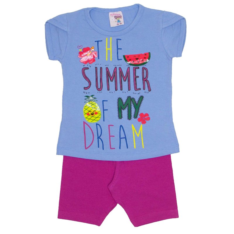 conjunto blusa azul summer com manga sobreposta e shorts de cotton pink 3464