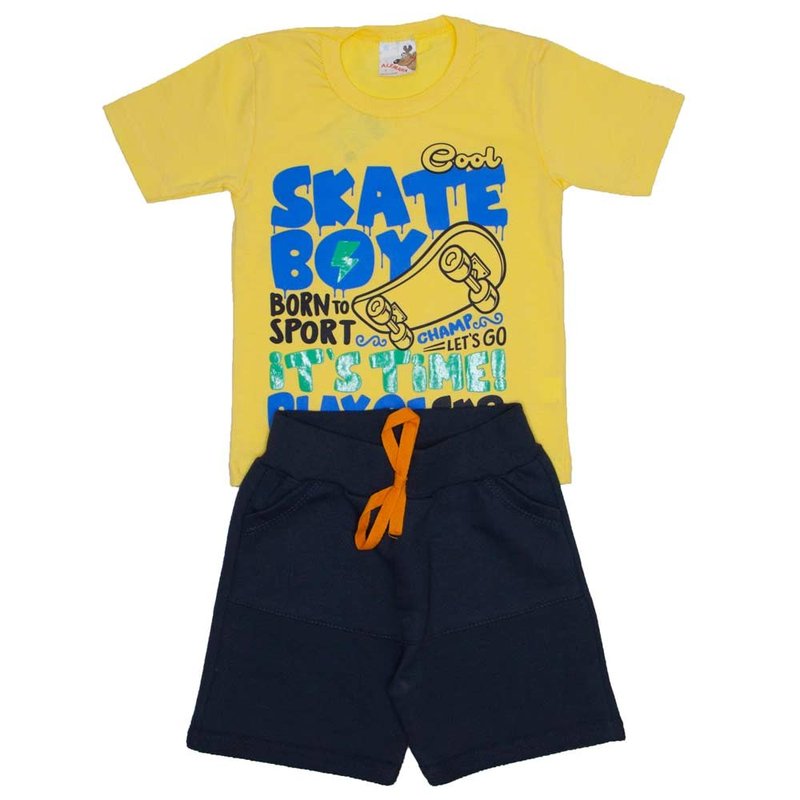 conjunto menino camiseta skate boy amarela e bermuda de moletinho chumbo 7470c