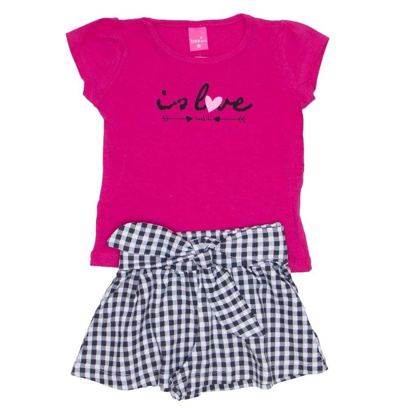 conjunto blusa de cotton pink is love e shorts saia xadrez preto 1150