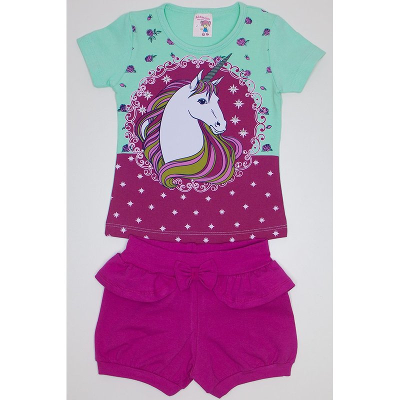 conjunto para menina blusa de cotton verde pink com manga e strass e shorts bombachinha com babado e laco ale 3423 vrd 01