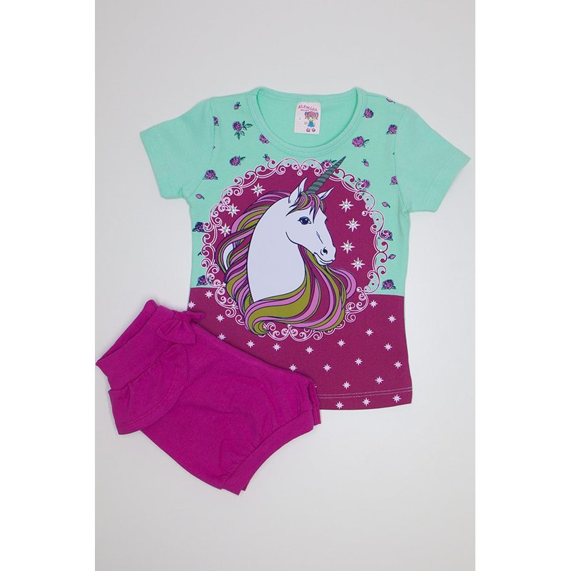 conjunto para menina blusa de cotton verde pink com manga e strass e shorts bombachinha com babado e laco ale 3423 vrd 02
