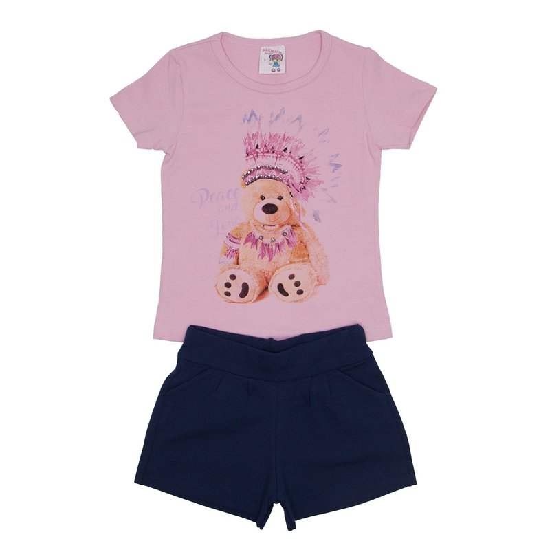 conjunto blusa rosa bebe urso com strass e shorts azul ale 3419 ros 01