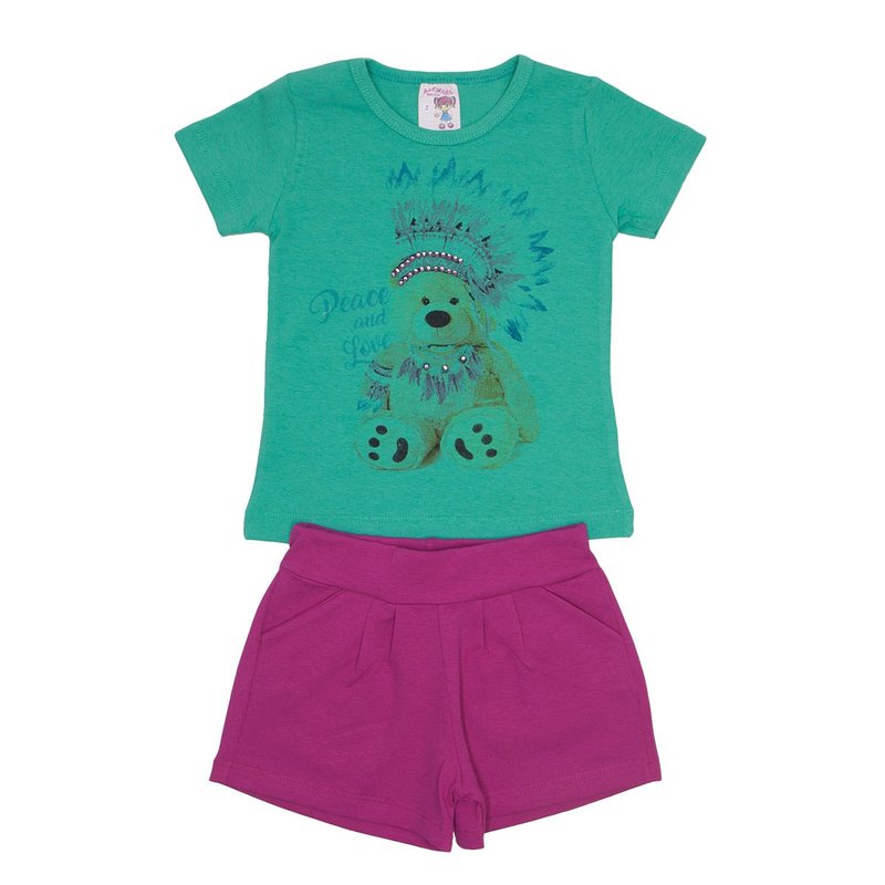 conjunto blusa verde urso com strass e shorts pink ale 3419 vrd 01