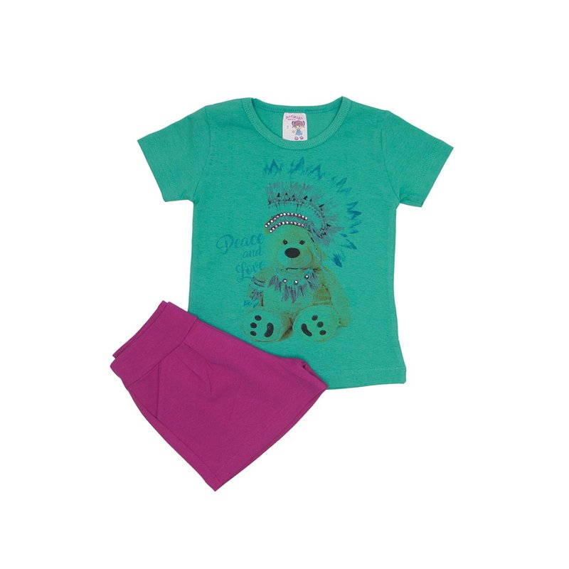 conjunto blusa verde urso com strass e shorts pink ale 3419 vrd 02