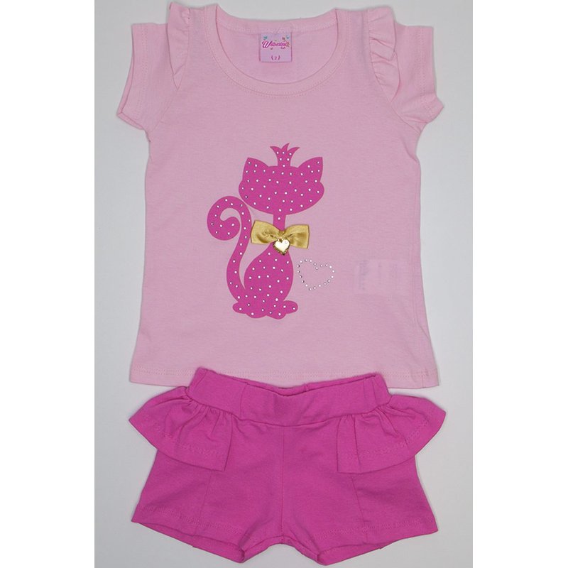 conjunto blusa meia malha rosa quarts rosa com gato termocolante e shorts de cotton wil 3867 roq 01