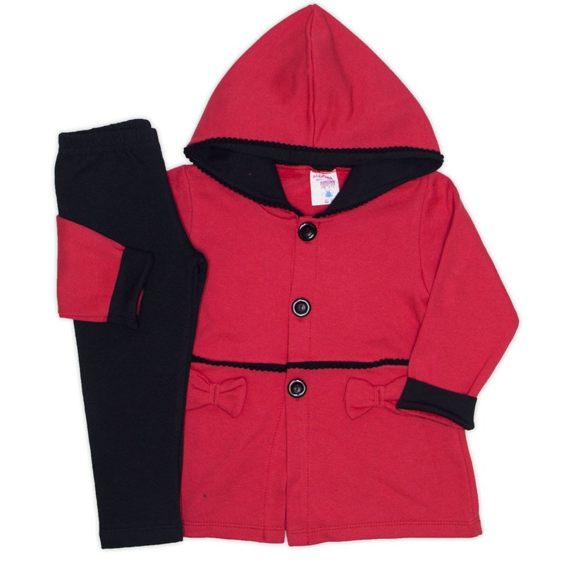 conjunto casaco capuz franja pom pom e botoes legging molecotton vermelho 19048