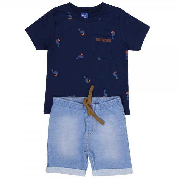 Conjunto Infantil Masculino Camiseta Marinho Tucanos E Bermuda Jeans