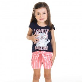 conjunto infantil feminino blusa e shorts meow marinho coral 11619 9524