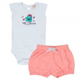 conjunto feminino infantil body cotton branco e shorts laranja neon 0056 4057 2