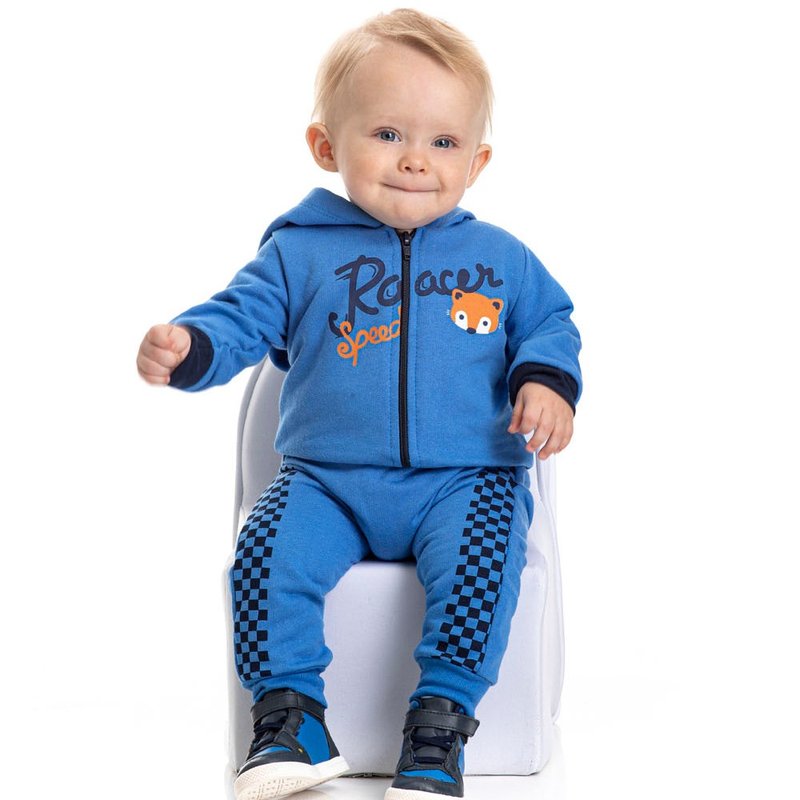conjunto bebe masculino jaqueta racer com capuz e calca saruel com quadriculado azul palacio 4884 9747