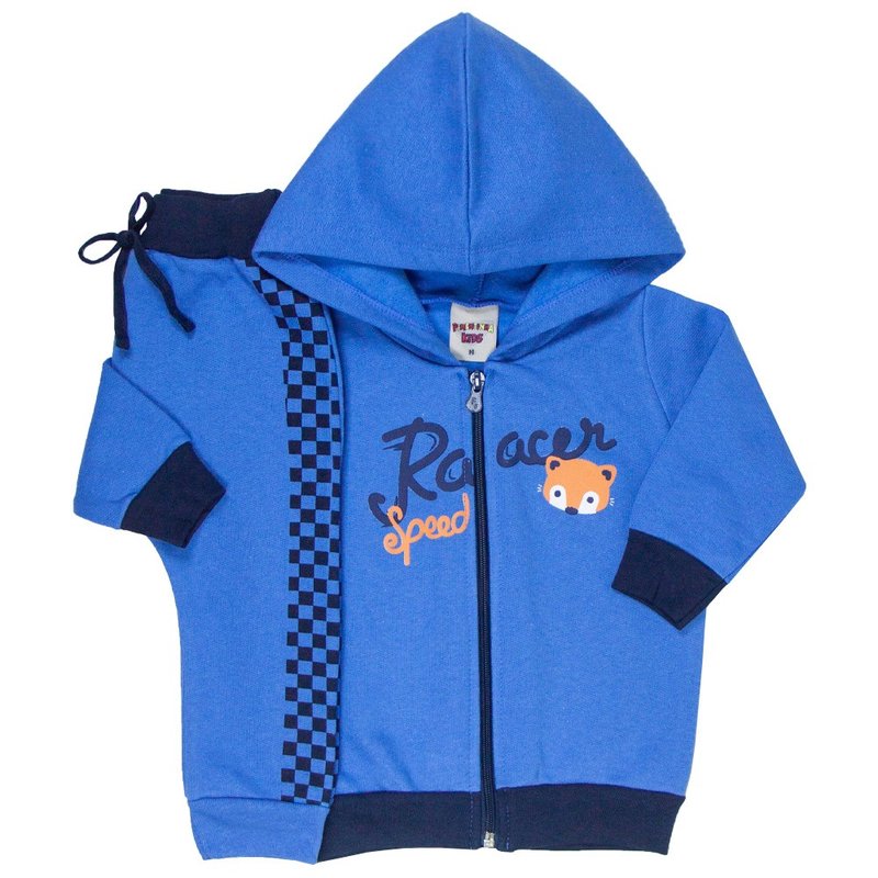 conjunto bebe masculino jaqueta racer com capuz e calca saruel com quadriculado azul palacio 4884 9747 2