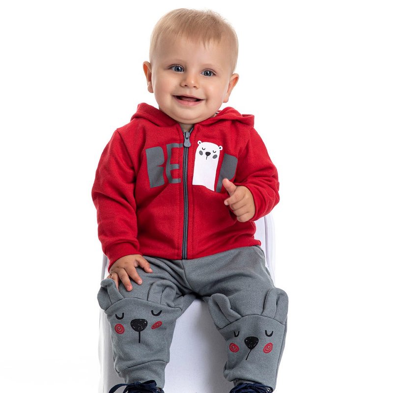 conjunto bebe masculino jaqueta bear com capuz e calca com aplique vermelho chumbo 4878 9760