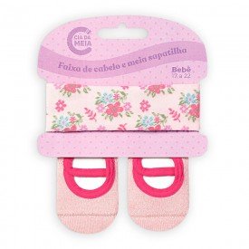 kit meia sapatilha e faixa de cabelo para bebe menina rosa floral t1400 1 10069