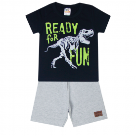 conjunto infantil menino camiseta e bermuda dinossauro preto mescla 2101 10232