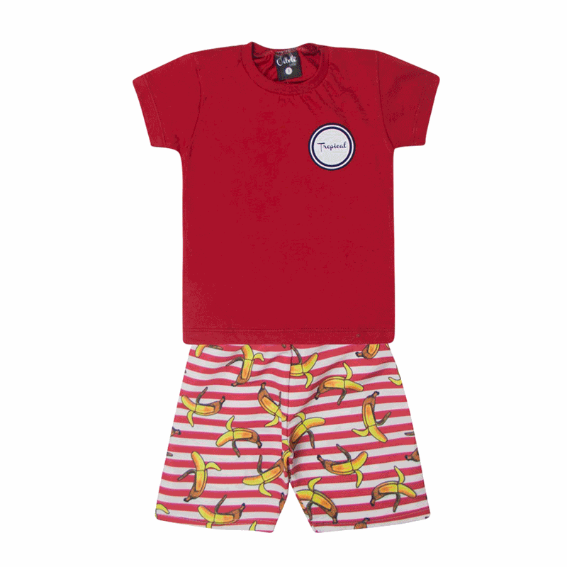 Conjunto Infantil Camiseta Vermelha e Bermuda Listrada Ollele