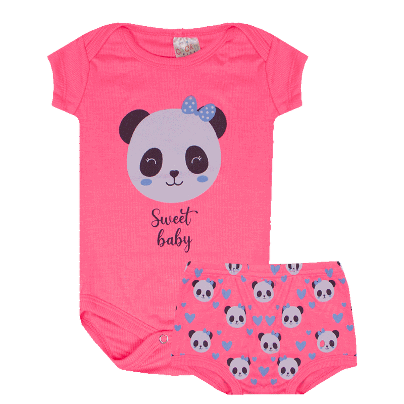 Conjunto Bebê Body Panda Rosa Neon + Tapa Fraldas Estampado Cacau Kids